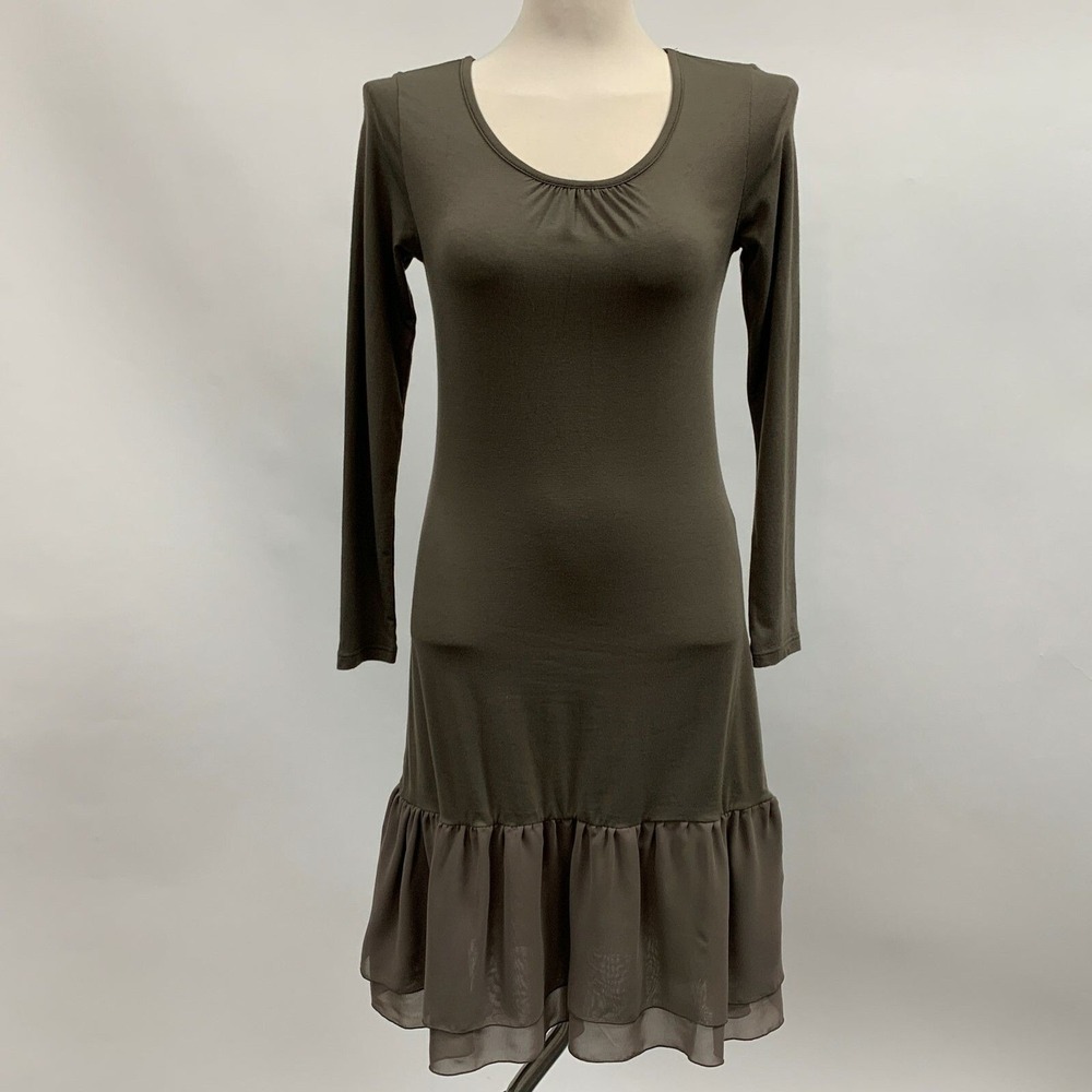 Women's‎ Dress Medium Olive Brown Taupe Sheer Layered Hem